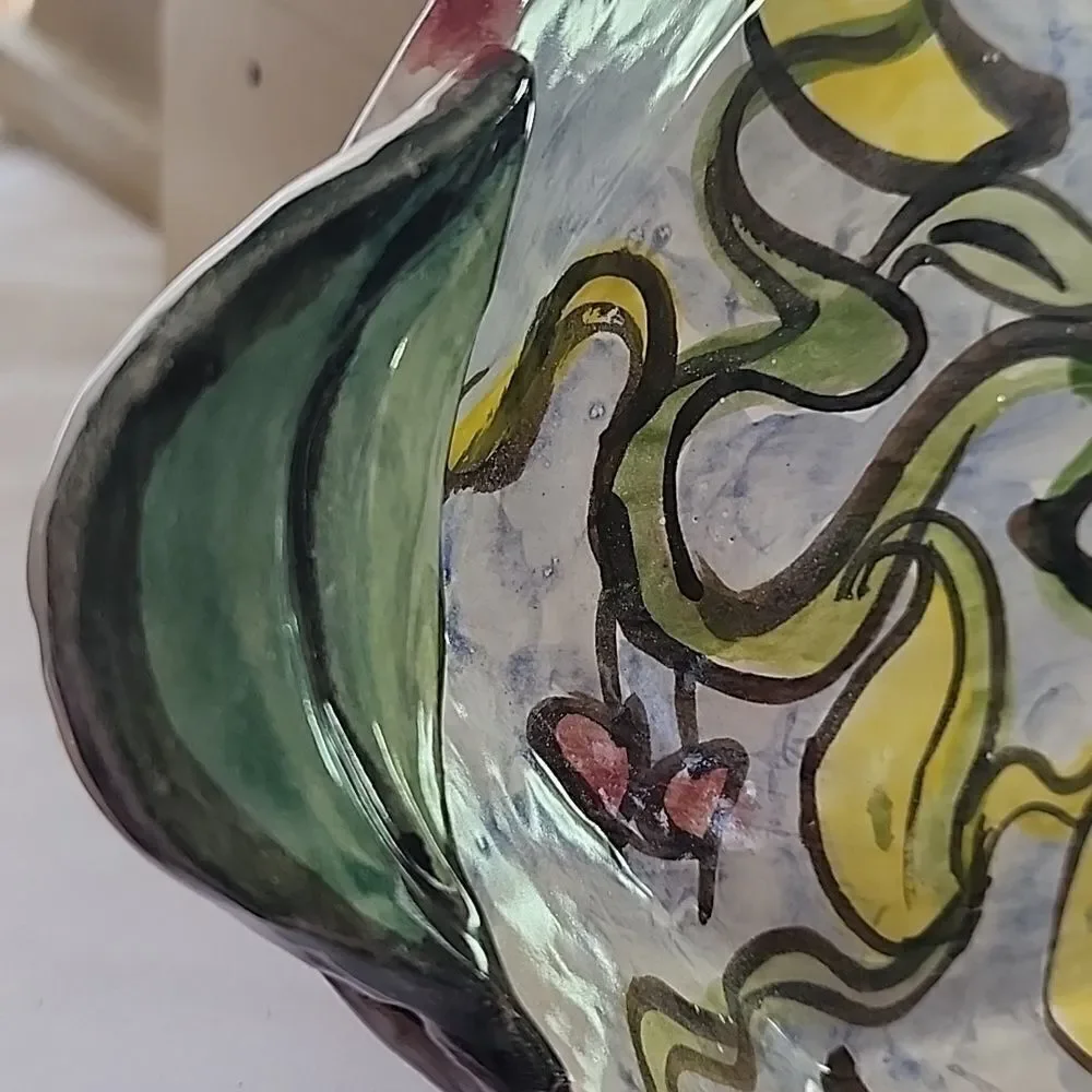 Handpainted Art Pottery Dish with Leaf Handles and Tropical Birds